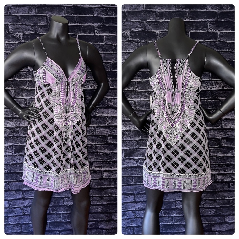 Forever 21 Woven Print Tunic Top Black Purple Gray Plaid Paisley S